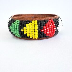 Vintage Colorful Seed Bead and Leather Bangle Bracelet